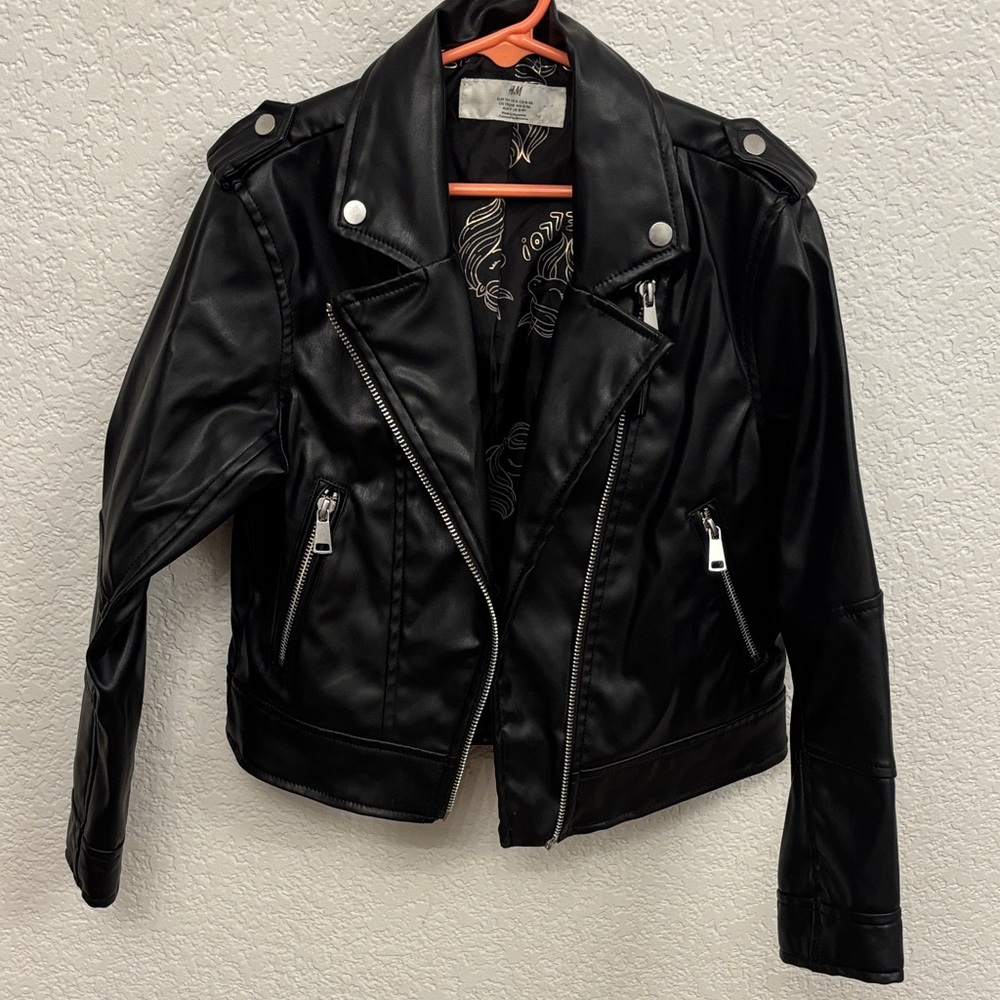 H&M girls kids Black faux Leather Biker Jacket size 8